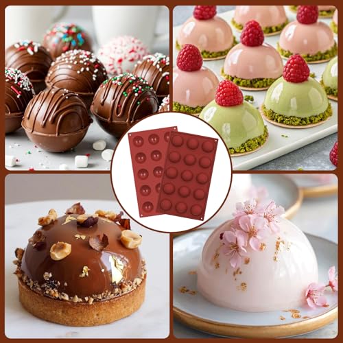 Image of Semi Sphere Silicone Molds, Sphere Chocolate Mold 15-Cavity Small Half Sphere Round Silicone Molds for Making Jelly, Cake, Chocolates Bombs 2 Pack