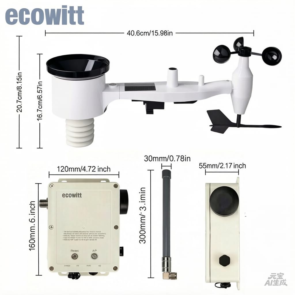 ECOWITT WS6211S Estación meteorológica doméstica con wifi, puerta de enlace móvil 4G y wifi WS6210S + sensor exterior 7 en 1 WS69, estación base IoT con panel solar + antena RF de 30 cm