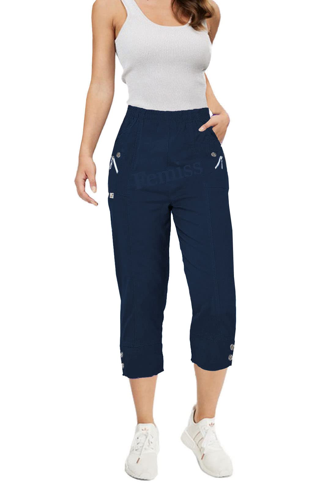 femiss Pantacourt 3/4 pour femme avec élastique, pantalon court doux d'été, grande taille