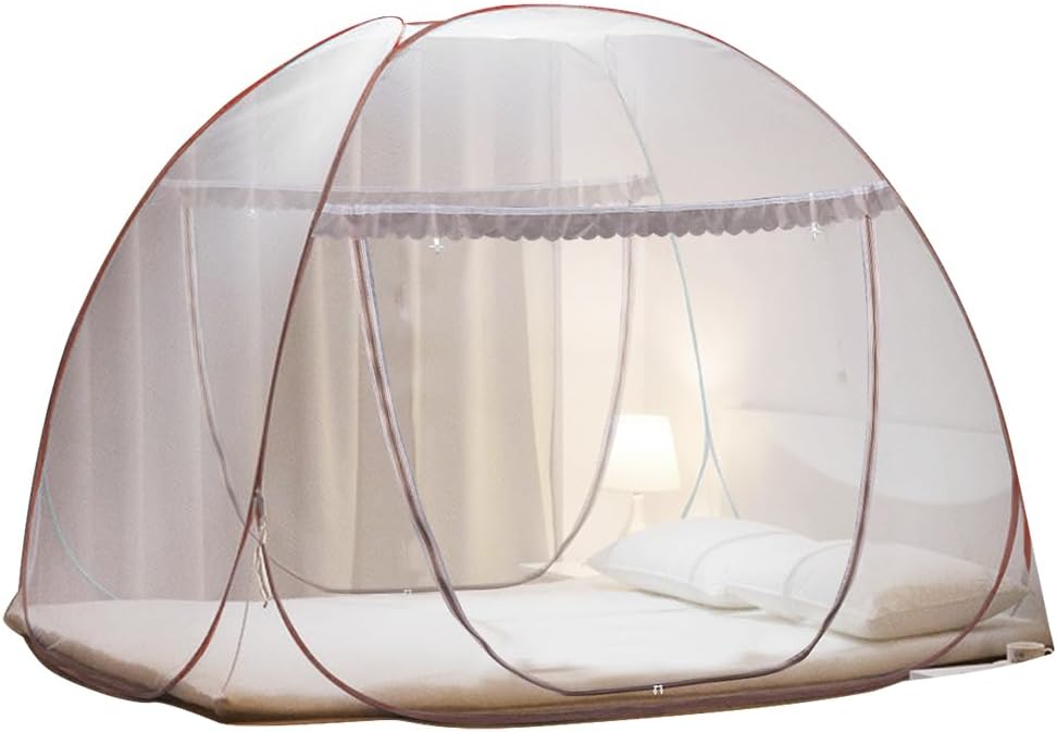 Portable Pop-Up Brown Mosquito Net Tent for Bed, L79 x W71 x H59 inch Large Folding Mosquito Netting with Net Bottom, 2 Entries, Suit for Twin to King Size Bed