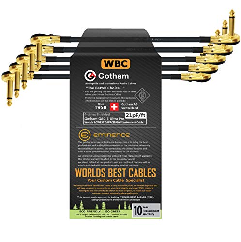 WORLDS BEST CABLES 5 Units - 15 Inch - Gotham GAC-1 Ultra Pro - Low-Cap (21pF/ft) Guitar Bass Effects Instrument, S-Shaped Patch Cable & Gold (6.35mm) Low-Profile R/A Pancake Plugs - Custom Made