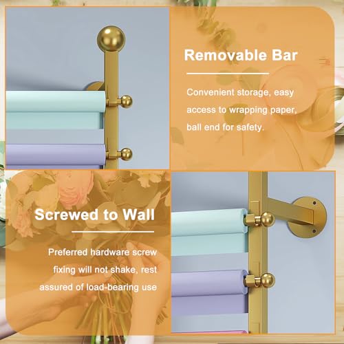 Image of Wrapping Paper Wall Rack, 12-Layer Wrap Organizer Storage, Wall Mount Ribbon Dispenser Holder Wrapping Station Display Racks for Craft Room Flower Shop (Golden)