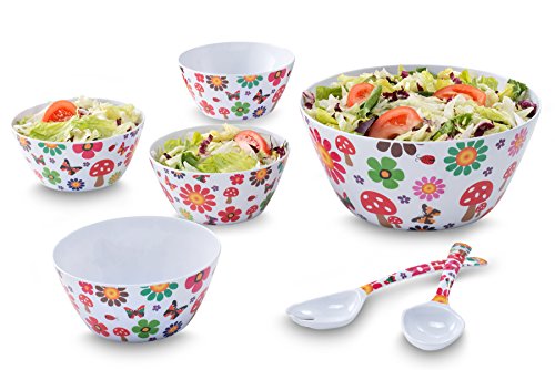 Francois et Mimi 7 Piece Melamine Salad Bowl Set with Utensils (Floral)
