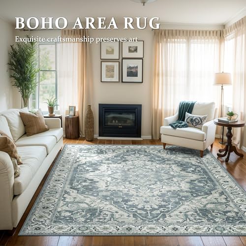 Deerly Vintage Area Rug 5x7 Boho Washable Large Living Room Bedroom Rugs Non Slip Low Pile 5x7 Rug for Kitchen Entryway Bedroom Dining Room Office, Canal Blue/Multi