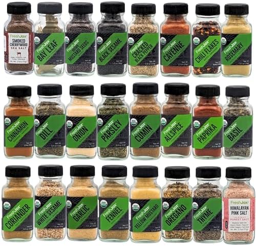 FreshJax Organic Spices Set | 25 Herbs and Spices Sets Starter Pack Collection | Sampler Sized Bottles | Non GMO, Keto, Paleo, No Preservatives, Gluten Free Spices | Handcrafted in Jacksonville