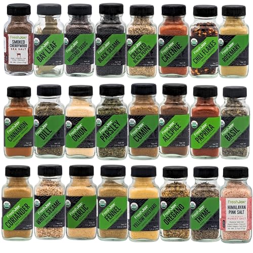 FreshJax Organic Spices Set | 25 Herbs and Spices Sets Starter Pack Collection | Sampler Sized Bottles | Non GMO, Keto, Paleo, No Preservatives, Gluten Free Spices | Handcrafted in Jacksonville
