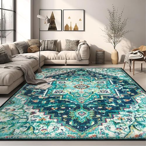 Area Rugs 5x7 Washable Soft Living Room Rug, Vintage Boho Non-Slip/Non-Shedding Print Floor Carpet for Dining Room, Bedroom-Green