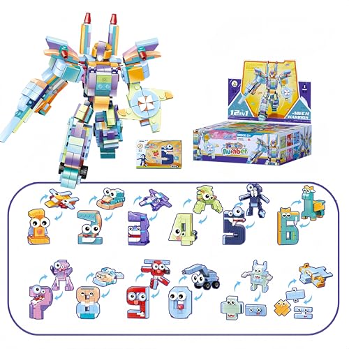 QMEAKMONY Juego de bloques de construcción de números y guerreros mecánicos 12 en 1, kit educativo STEM con transformación digital y combo de robot gigante, construcción creativa para entusiastas