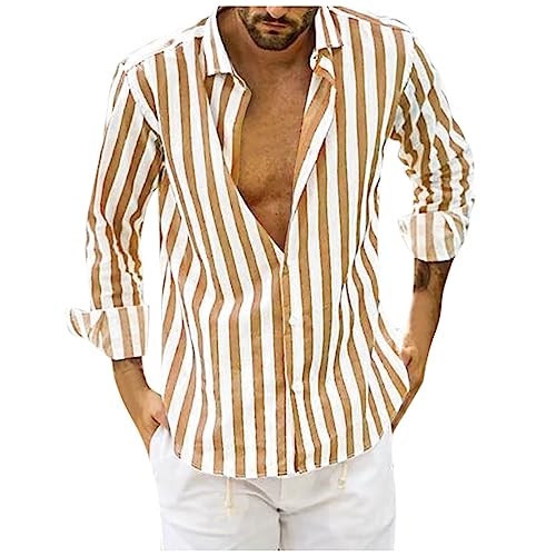 Work Shirt for Men Striped Casual Button down Shirt Regular Fit Band Collar Long Sleeve Shirt Beach Summer Fall Shirt