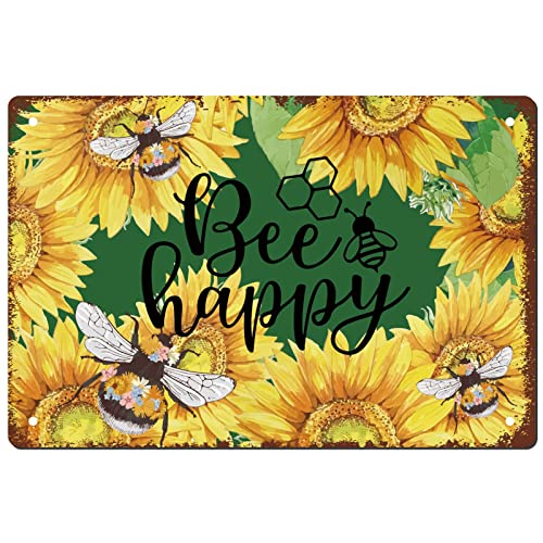 CREATCABIN Bee Happy Retro Metal Tin Sign Vintage Rustic Wall Art Decor House Plaque Poster for Home Farm Garden Kitchen Coffee Office Garage Decoration 12 x 8 Inch