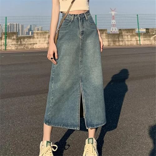 Women Summer High-Waist Slit Denim Skirt Washed Retro A- Line Solid Straight Long Skirt2