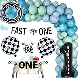 Decoración de cumpleaños casi One para niños, coche de carreras, tema del primer cumpleaños, decoración de fiesta, guirnalda de globos, arco con decoración para tartas de pancarta Fast One, color