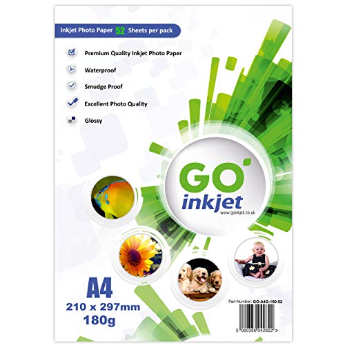 50 Vellen A4 180gsm Fotopapier: hoogglanzend wit en waterdicht fotopapier, compatibel met inkjet- en fotoprinters van GO Inkjet