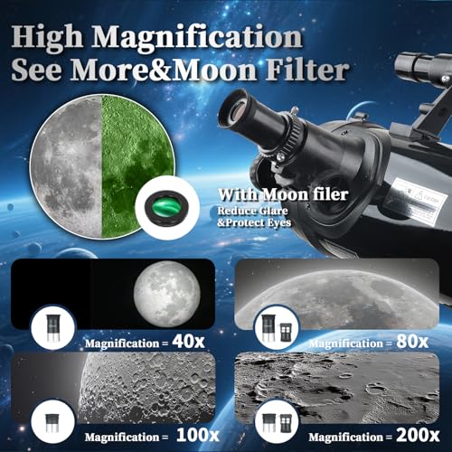 Image of HINISO 114AZ Astronomical Telescope for Adults, Beginners & Students | 114mm Reflector with 1000mm Focal Length | BT Remote, Phone Adapter & Tripod | 40x-200x Magnification | Moon & Planet Viewing