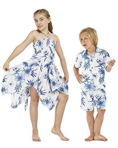 Matching Boy and Girl Siblings Hawaiian Luau Gypsy Outfits in Sandy Beach