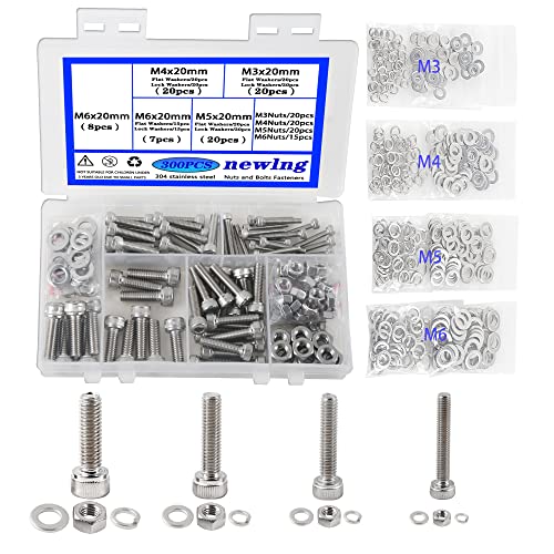newlng M3 M4 M5 M6 Juego de Tornillos y Tuercas y Arandelas Planas 300PCS Acero Inoxidable 304 Tornillos Allen con Cabeza Cilíndrica Tuercas Hexagonales y Arandelas Planas Arandelas 20mm Cover