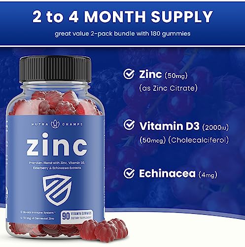 Zinc Gummies | 4-In-1 Zinc Gummies Adult | Zinc Chewable 50Mg | Chewable Zinc Supplement Gummies With Vitamin D3 2000 Iu, Elderberry & Echinacea | Immune, Heart & Brain Support | 180 Count (2 Pack) #TOP3