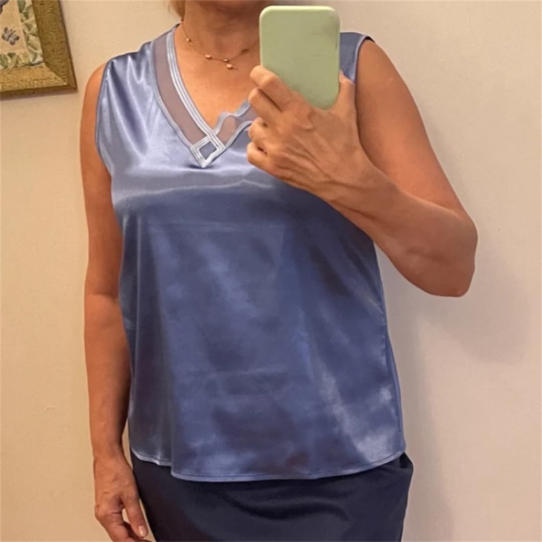 Donne Estate Solido Scollo a V Ricamo Raso Elastico Pizzo Top