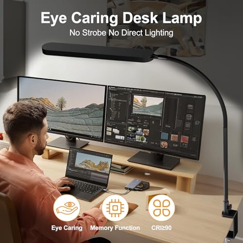 Image of SKYLEO Led Desk Lamp - Desk Light for 33.5 inch Tall - Flexible Gooseneck - 5 Color Modes X 11 Brightness Levels - 1300LM - Timmer & Memory Function - 12W Clip on Light - Black