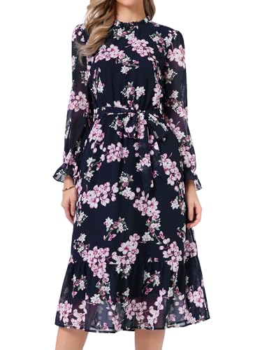 Image of Allegra K Fall Casual Floral Dress for Women 2025 Long Sleeve Crew Neck Chiffon Midi Tea Party Ruffle Dresses X-Small Dark Blue