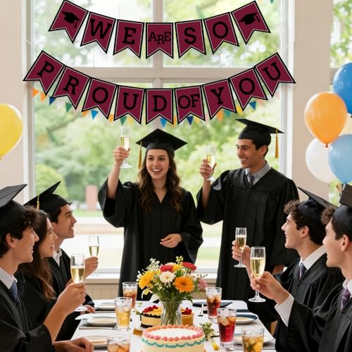 Image of Maroon We Are So Proud Of You Banner Congrats Grad Cap Bunting Flag Grad Party Decoration Idea