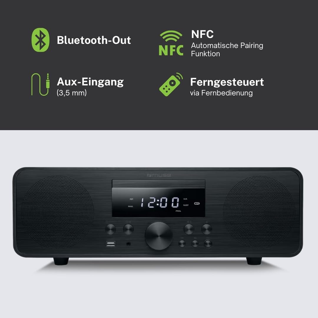 M-880 FBC Micro système Bluetooth avec CD, FM et USB | Chaîne stéréo 80 W au Design Bois avec NFC et Fonction réveil