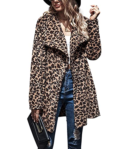chouyatou Womens Warm Open Front Faux Fur Lapel Leopard Print Jacket Overcoat (Medium Leopard)