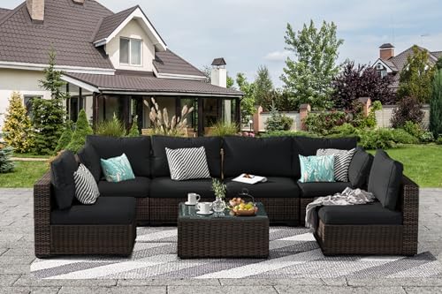 Grezone-Patio-Furniture-Set-7-Piece-Outdoor-Wicker-Sectional-Sofa-All-Weather-High-Backrest-PE-Rattan-Couch-Conversation-Set-with-Cushion-Glass-Top-Table-for-Backyard-Deck-Porch-Black Grezone Patio Furniture Set 7 Piece Outdoor Wicker Sectional Sofa All Weather High Backrest PE Rattan Couch Conversation Set with Cushion Glass Top Table for Backyard Deck Porch Black