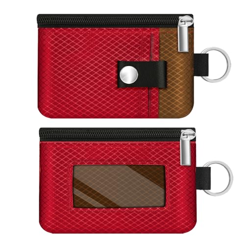Image of Minimalist RFID Blocking Small Wallet with ID Window,WaterResistant Zip Id Case Wallet with Lanyard Keychain for Cards,Cash,Travel,Women,Men (Red /Brown)