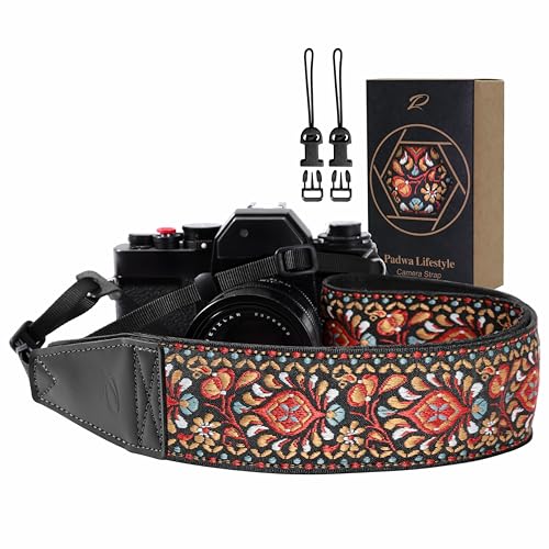Image of Padwa Lifestyle Red Flower Camera Strap - 2 inch Full Grain Leather Ends Camera Straps for Photographers, Vintage Embroidered Cotton Weave Soft Suede Fabric Padded Strap Quick Release fits All Cameras