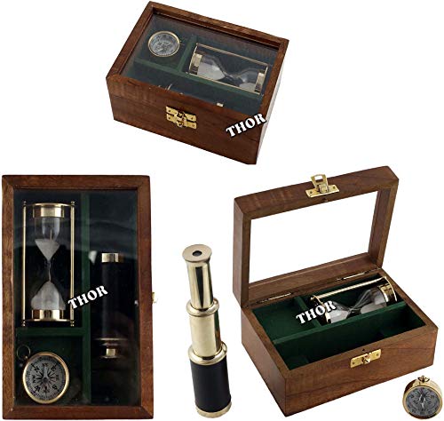Handgefertigtes nautisches 3-teiliges Set Teleskop-Sanduhr oder Sanduhr und Kompass mit Holzbox, rustikale Vintage-Heimdekoration, Geschenke