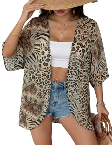 Image of Chunoy Women Floral Beach Wear Cover Up Chiffon Kimono Cardigan Open Front Blouse Top