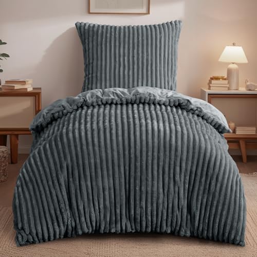 RUIKASI Winter Flanell Bettwäsche 140 x 200 Grau 2teilig - Plüsch Warme Flauschig Winterbettwäsche Cord Teddy Fleece Cashmere-Touch Bettbezug mit...
