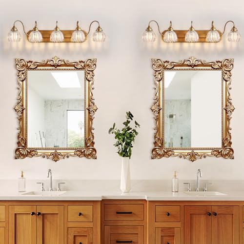 Image of Vintage Gold Bathroom Light Fixtures,5 Light Tulip Crystal | Brushed Gold Vanity Lights,Matte Antique Brass Finish, Mid Century Style, Wall Sconces for Bedroom, Easy to Install