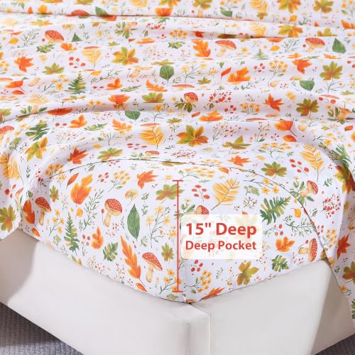 Image of Softan Orange Floral Full Size Sheet Set, Printed Microfiber Fitted Sheet with 15 inch Deep Pockets & Non-Slip Straps, Maple Leaves & Mushroom Patterned Double Bedding Sheets & Pillowcase Set