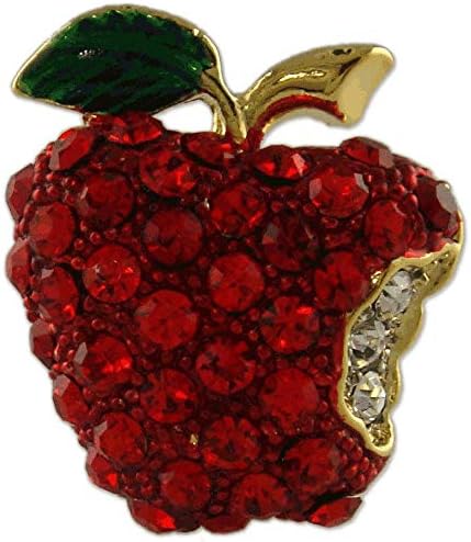 Broche para profesor de fruta de manzana roja con cristal chapado en oro, Cristal
