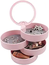 Porta Joias Redondo com 4 Andares 360° - Organizador de Penteadeira - Caixa Organizadora de Joias com Espelho - Porta Joias Redondo Giratório - Shop100 (Rosa)