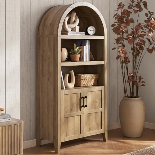 mopio Lauren 65.4' Short Arched Cabinet, The Original 5-Tier Bookcase with Doors and Shelves, Mini Arch Bookshelf with Storage, Wooden Storage Cabinet for Living Room and Kitchen Pantry (Oak)