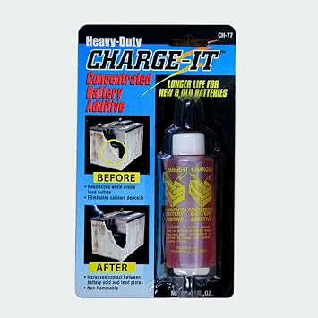Solder-It Charge-It Battery Additive Heavy-Duty Concentrate (2 fl oz)، مزيل الكبريتات، منشط للدراجات النارية، عربات الجولف، الشاحنات، القوارب - يمكنه استعادة الشحن إلى بطارية السيارة الميتة