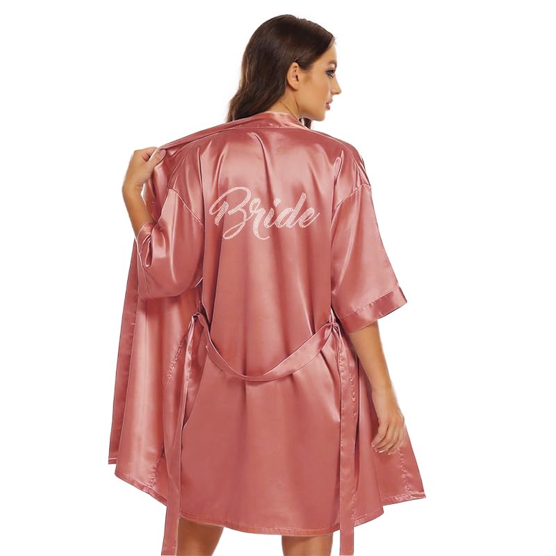 Image of Women's Bride Bridesmaid Robes Short Satin One Size Silver Rhinestones Wedding Party Getting Ready Sleepwear