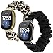 2-Pack Scrunchie Elastic Watch Band Fit for Fitbit Sense/Versa 3 Women Girls, Soft Cloth Pattern Printed Fabric Wristband Replacement Bracelet for Fitbit Versa 3 Accessories (Black Leopard, Small)