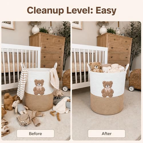 Image of Teddy Bear Baby Laundry Basket, Tall Woven Rope Nursery Hamper, 20x15 in