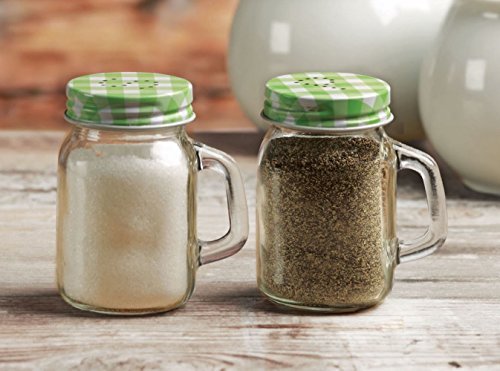 Circleware Yorkshire Mason Jar Mug Glass Salt And Pepper Shakers With Glass Handles And Green & Lids, Set Of 2, 5 Oz, Clear #TOP1