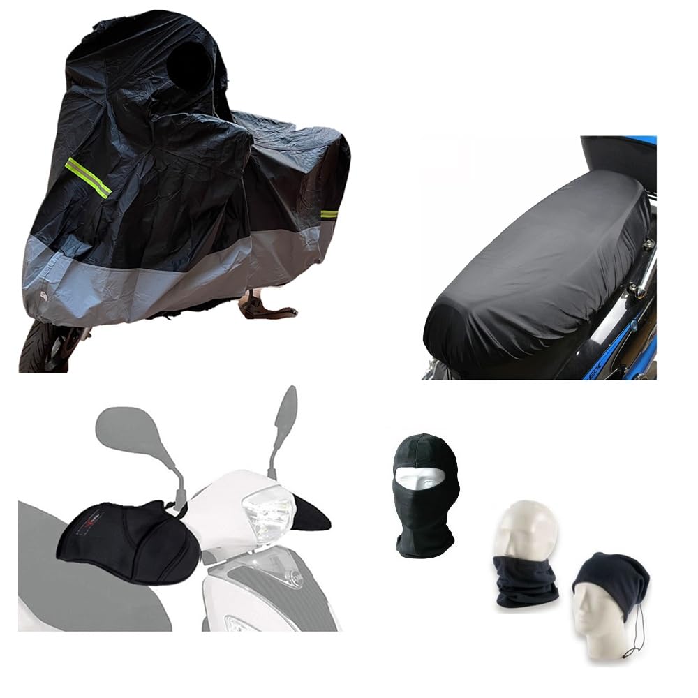 Funda para moto afelpada impermeable + funda para sillín + manoplas cubremanos de neopreno compatible con Gilera DNA 50 Talla XL 246 x 105 x 127 cm Kit para moto scooter Maxiscooter Maximoto