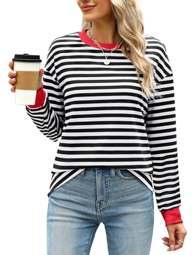 WIHOLL Black and White Striped Shirt Women Long Sleeve Tunic Tops Patchwork Clothes M