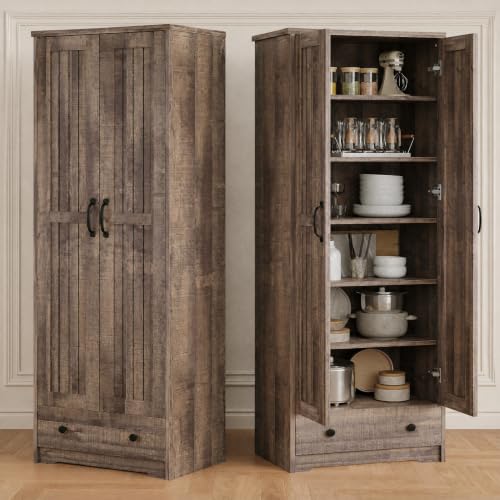 Image of Decofy 70 inch Tall Storage Cabinets, Large Wood Storage Pantry Cabinet with 6 Adjustable Shelves, 2 Striped Doors & Drawer, Standing Utility Cabinet for Kitchen, Bathroom, Dining Room, Antique (Brown)
