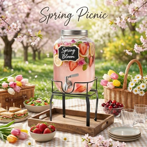 Image of 1 Gallon Glass Drink Dispensers For Parties,Beverage Dispenser with Stand,304 Stainless Steel Spigot Leakproof,Lemonade Dispenser for Sun Tea, Homemade Juice