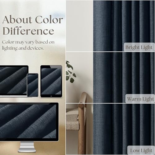 Image of Navy Short Linen Curtains 45 Inch Length 2 Panel Set for Small Windows Dark Blue Linen Cotton Light Filtering Drapes Privacy Pinch Pleated Back Tab Semi Sheer Kitchen Curtains 45 Inches Long