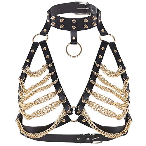 Punk Damen Harness Bra ärmelloser BH Gothic Steampunk Einstellbar Leder Top Brust Gürtel Halsband Ketten Riemchen Geschirr Vintage Rock Truhe Kette Körperschmuc Für Party Tanzen Cover