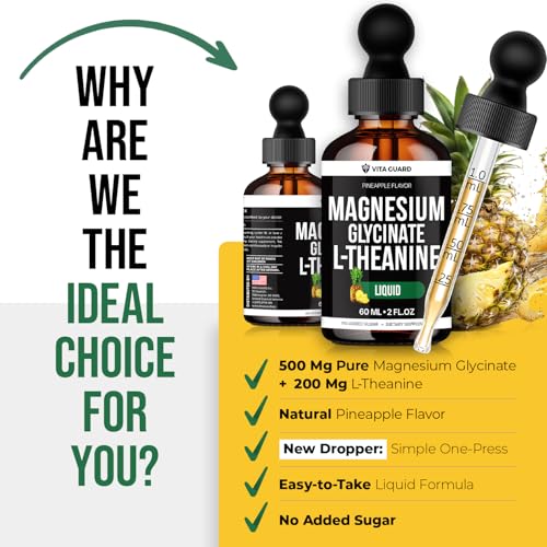 Image of Vita Guard Magnesium Glycinate 500mg & L-Theanine 200mg Liquid Drops - Maximum Absorption Sleep, Calm & Stress Relief Supplement - Sugar-Free, Natural Pineapple Flavor, Non-GMO - 60ml, 30-Day Supply